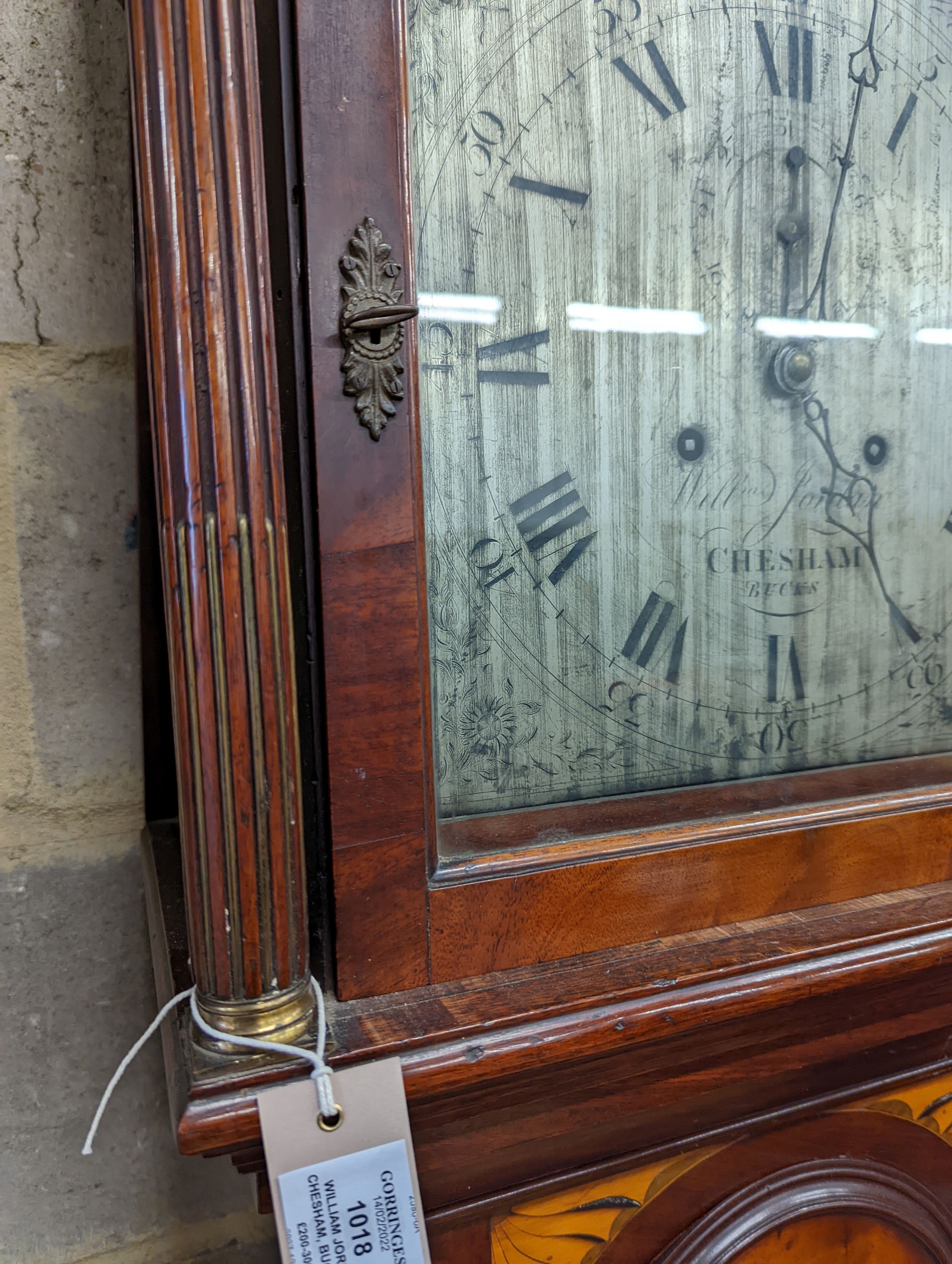 William Jordan, Chesham, Bucks. A George III inlaid mahogany 8 day longcase clock with signed silvered dial, height 216cm